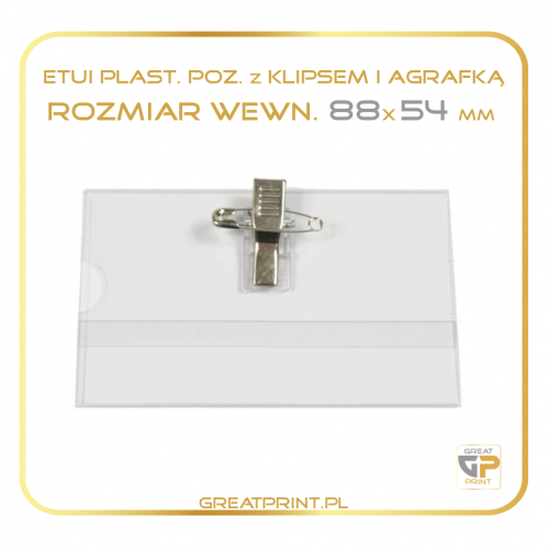 Identyf. Poziomy klips+agrafka (88x54) PLASTIK KRYSTAL.